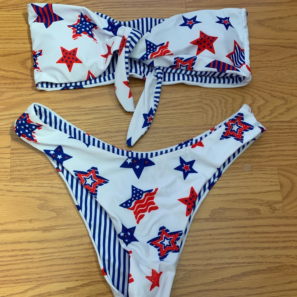 Reversible red, white & blue tie bandeau bikini